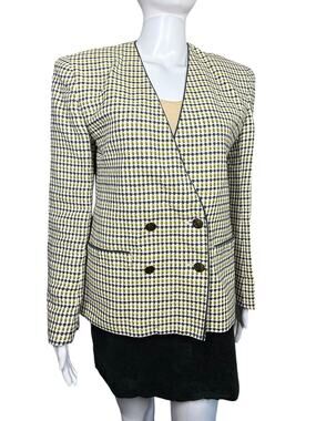 Carlisle Vintage 80s Linen Blend Yellow Blue Houndstooth Blazer Size 8